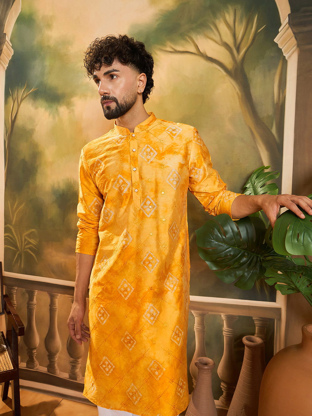 Men Orange Silk Blend Batik Embroidered Straight Kurta with Trouser-MKSET1466