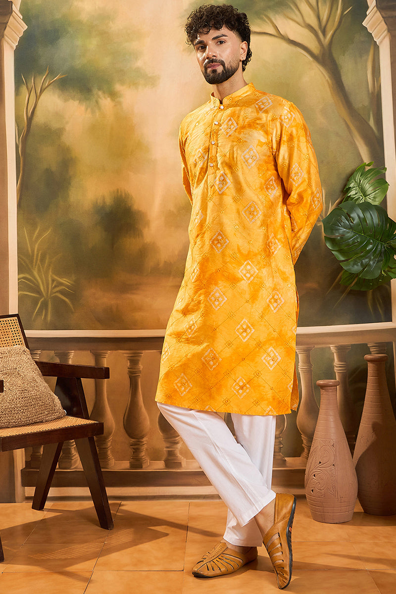Yellow Silk Blend Embroidered Straight Kurta MKU1466