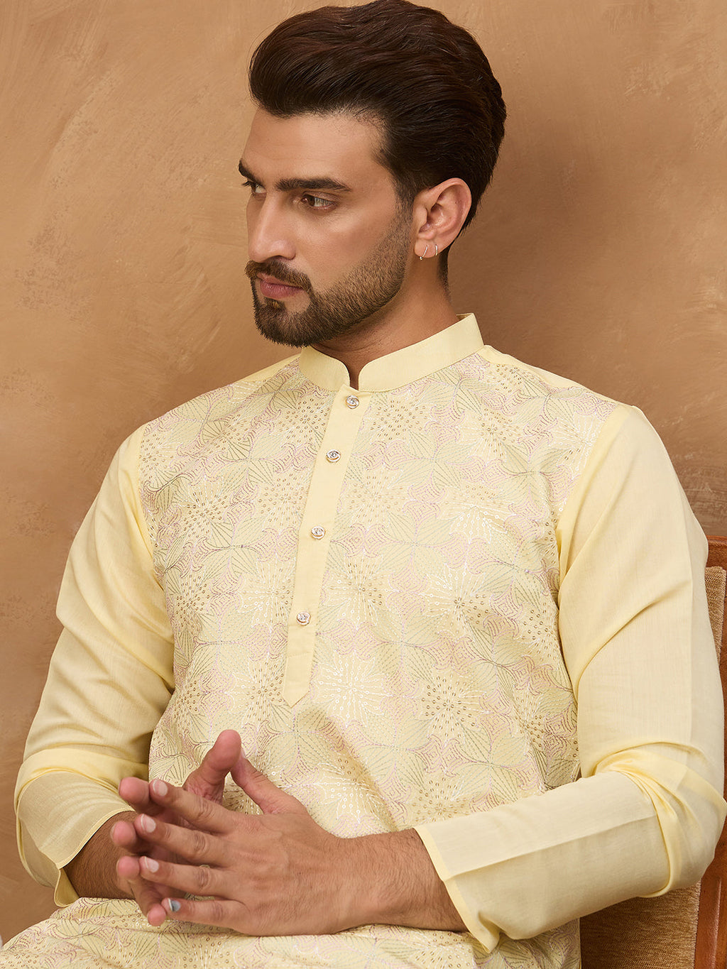 Men Yellow Silk Blend Solid Embroidered Straight Kurta-MKU1467
