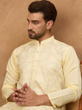 Men Yellow Silk Blend Solid Embroidered Straight Kurta-MKU1467