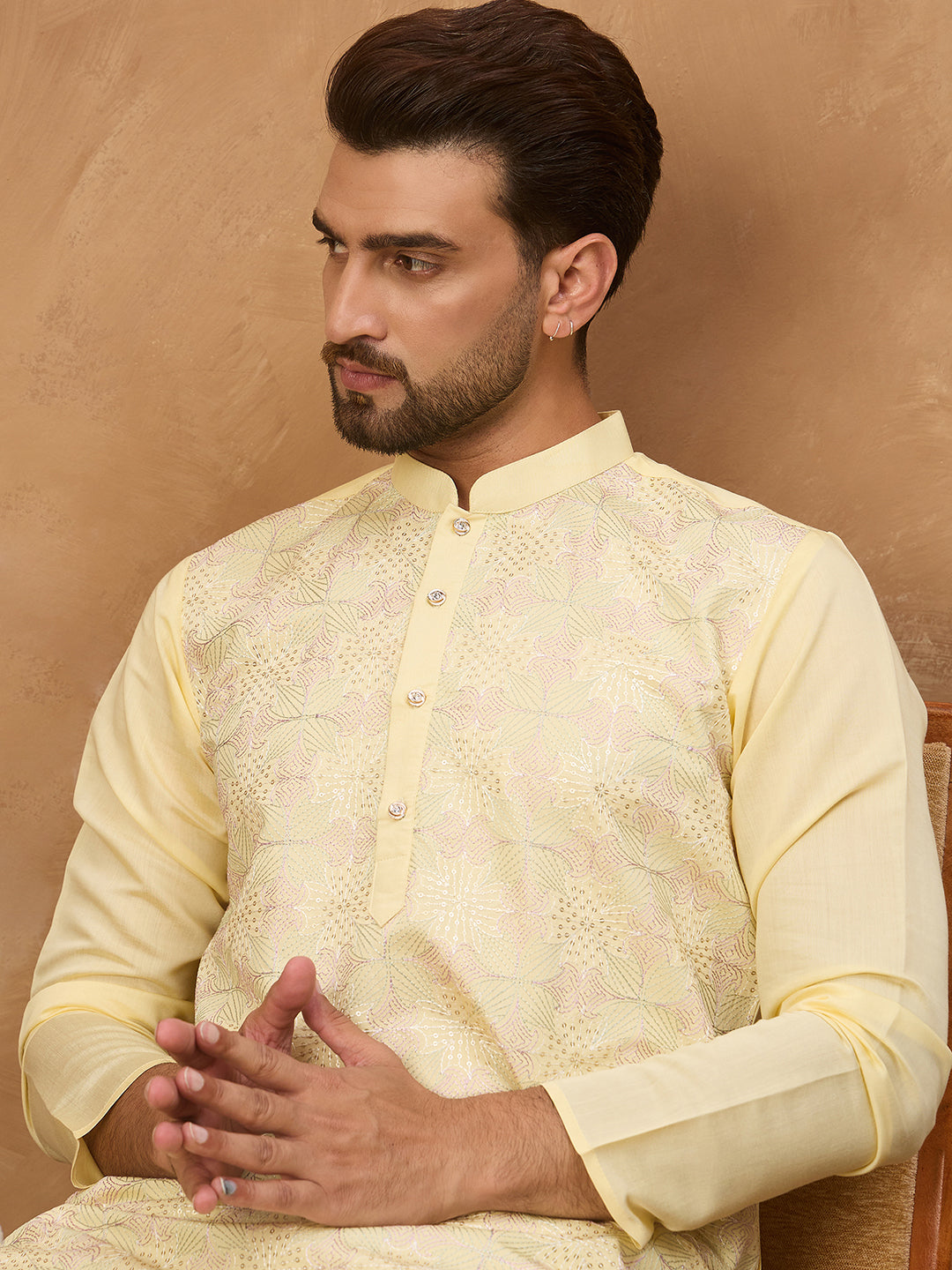 Men Yellow Silk Blend Solid Embroidered Straight Kurta-MKU1467