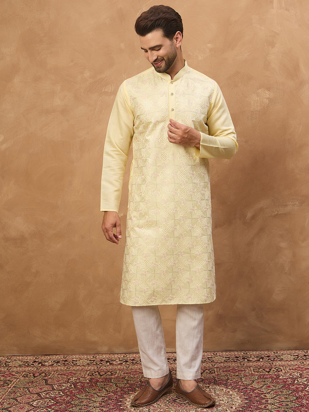 Men Yellow Silk Blend Solid Embroidered Straight Kurta-MKU1467