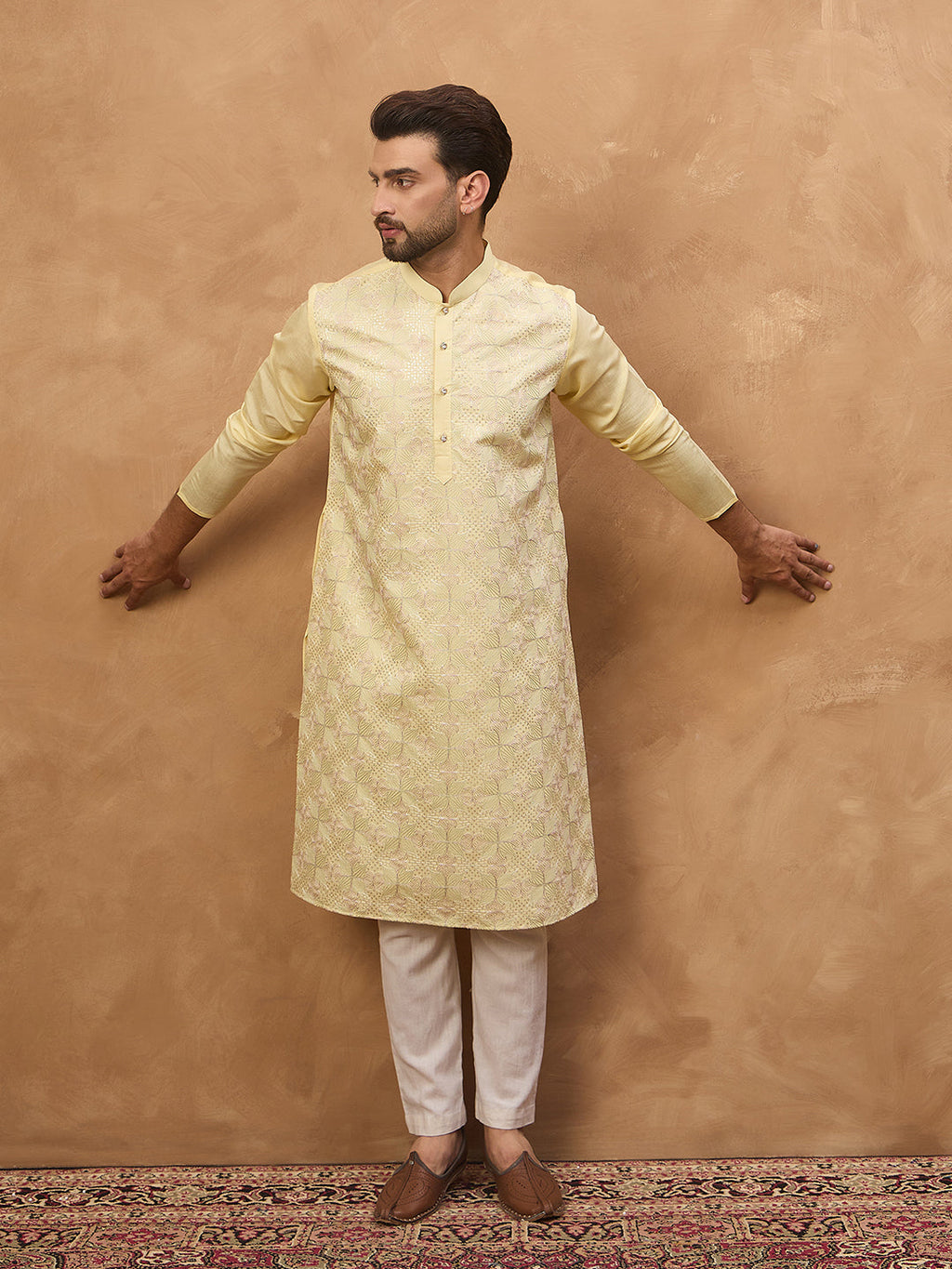 Men Yellow Silk Blend Solid Embroidered Straight Kurta-MKU1467
