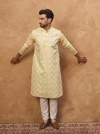 Men Yellow Silk Blend Solid Embroidered Straight Kurta-MKU1467