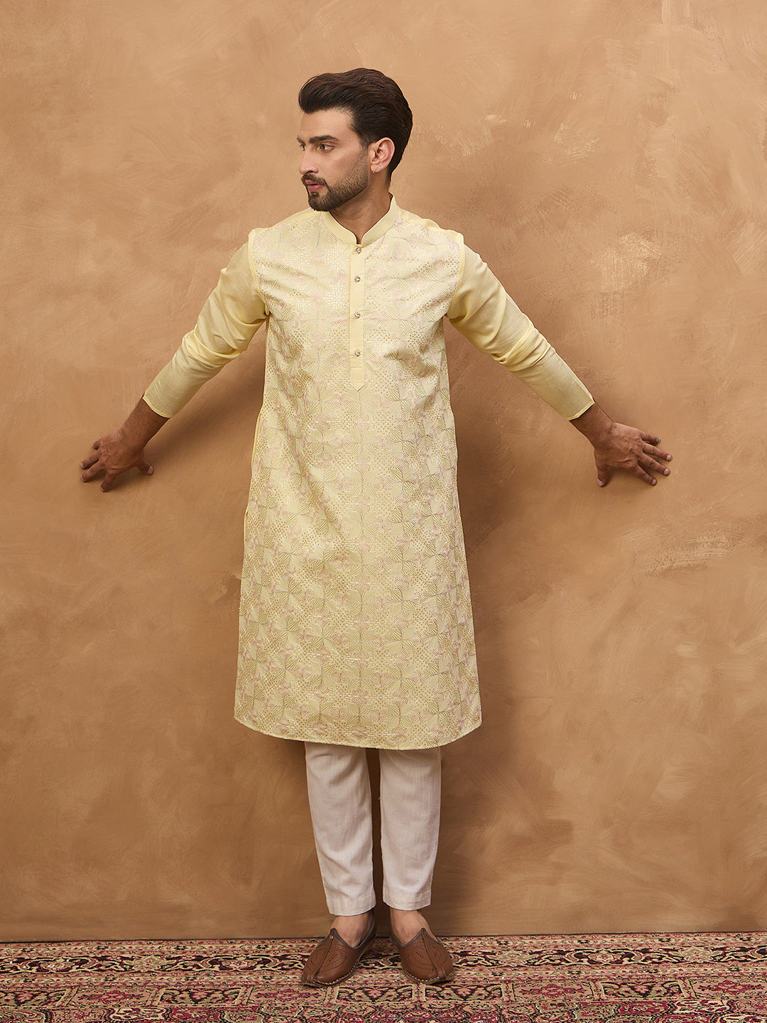 Men Yellow Silk Blend Solid Embroidered Straight Kurta-MKU1467