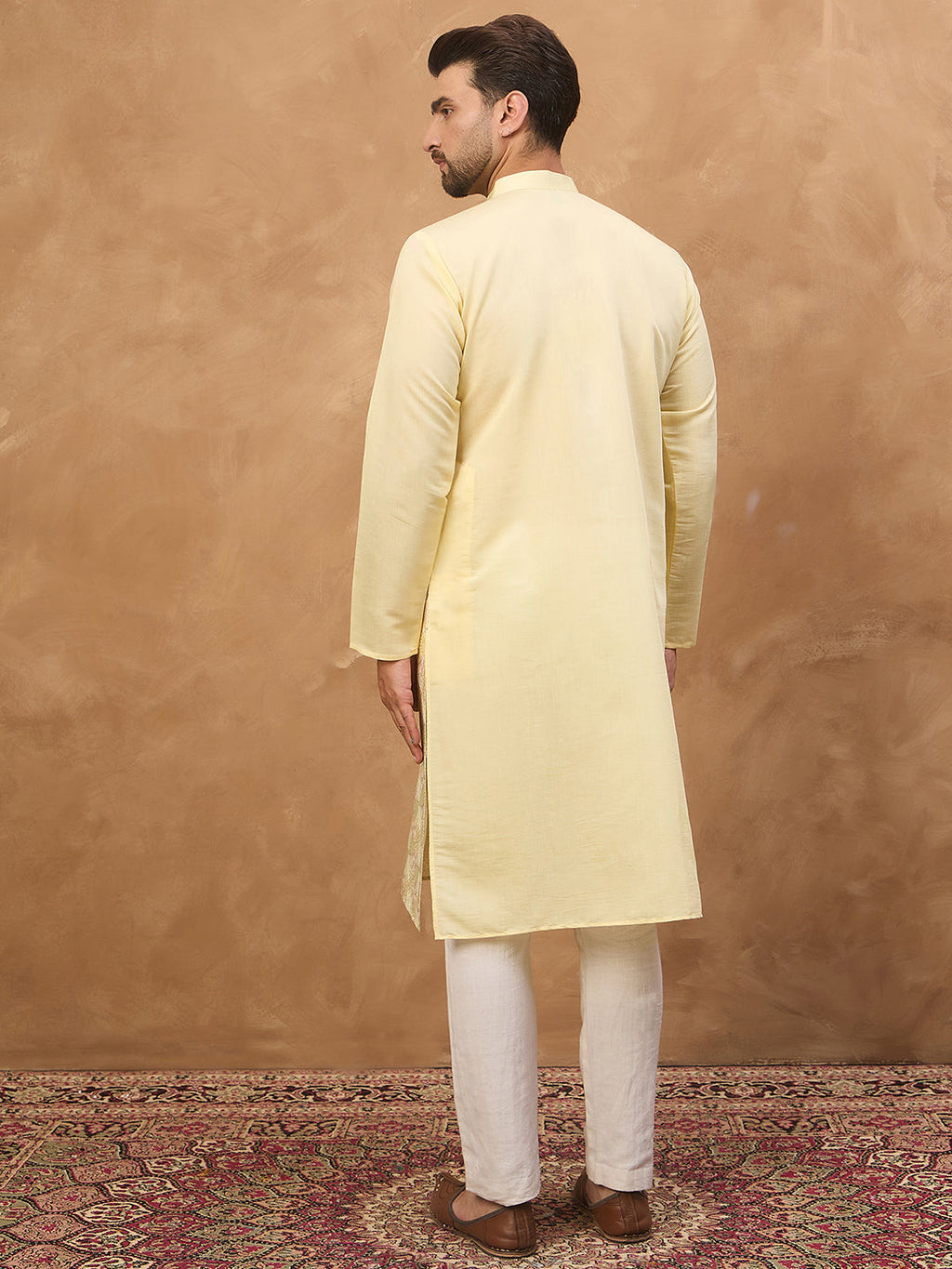 Men Yellow Silk Blend Solid Embroidered Straight Kurta-MKU1467