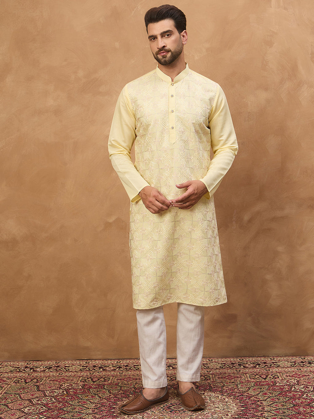 Men Yellow Silk Blend Solid Embroidered Straight Kurta-MKU1467