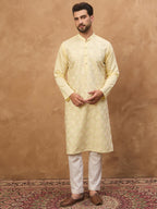 Men Yellow Silk Blend Solid Embroidered Straight Kurta-MKU1467