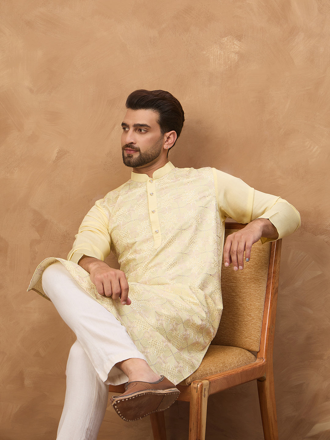 Men Yellow Silk Blend Solid Embroidered Straight Kurta-MKU1467