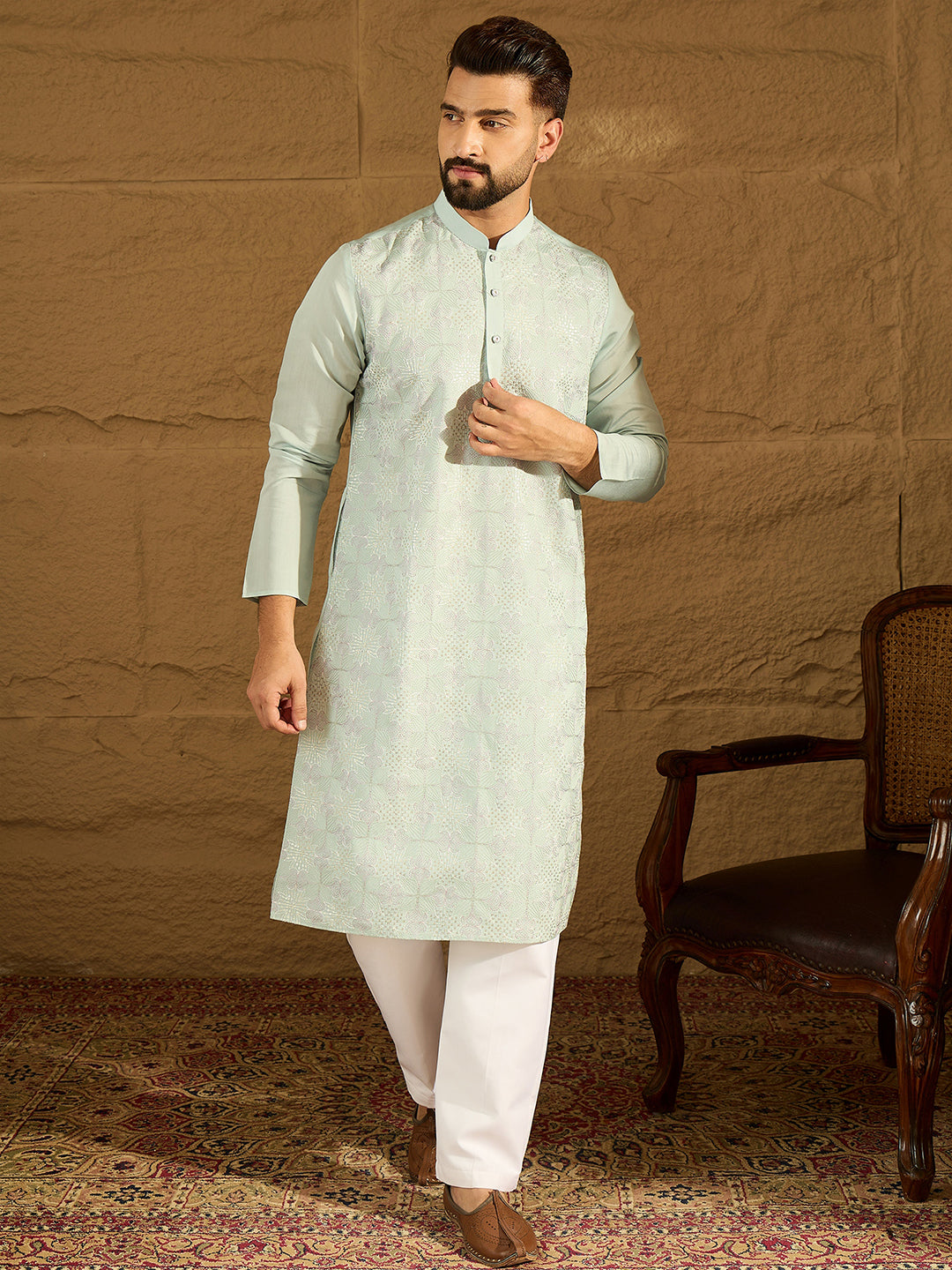 Men Blue Silk Blend Solid Embroidered Straight Kurta-MKU1468