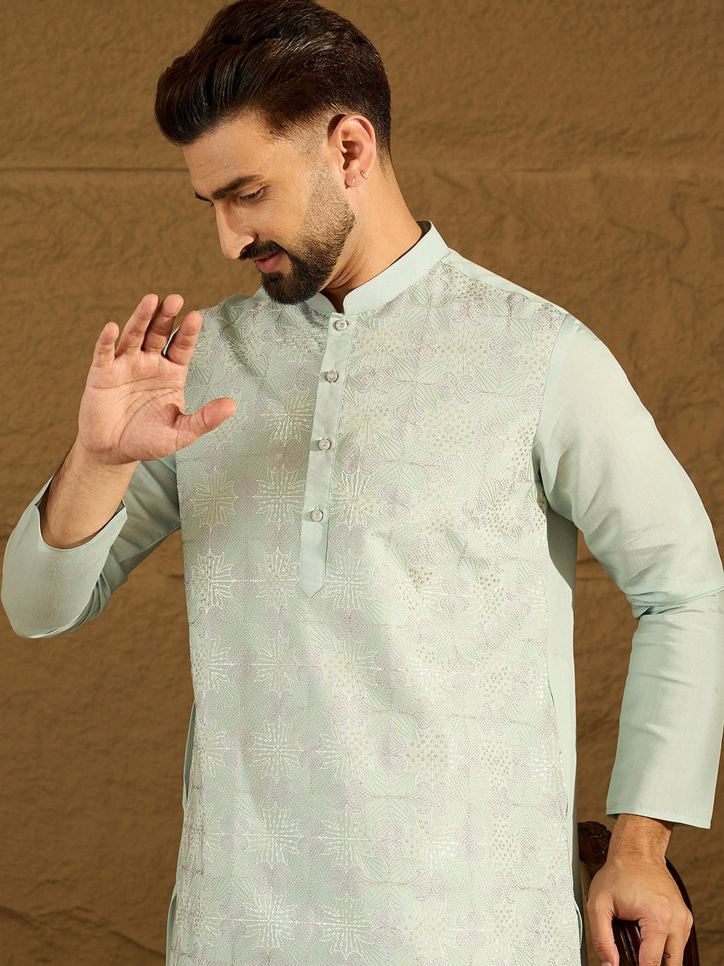Men Blue Silk Blend Solid Embroidered Straight Kurta-MKU1468