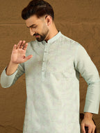 Men Blue Silk Blend Solid Embroidered Straight Kurta-MKU1468
