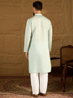 Men Blue Silk Blend Solid Embroidered Straight Kurta-MKU1468