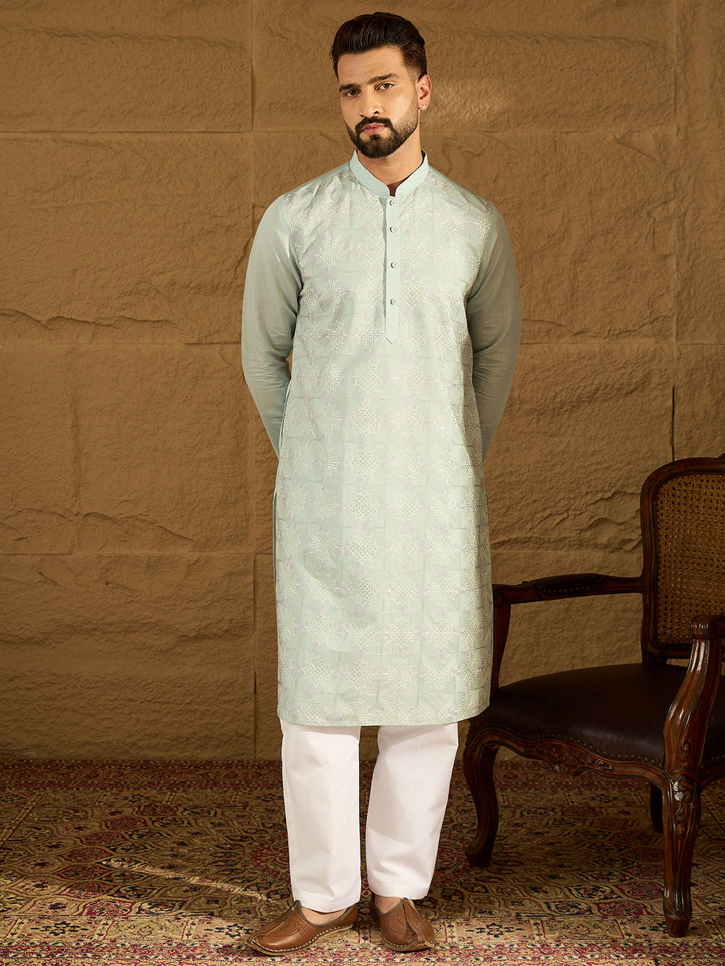 Men Blue Silk Blend Solid Embroidered Straight Kurta-MKU1468