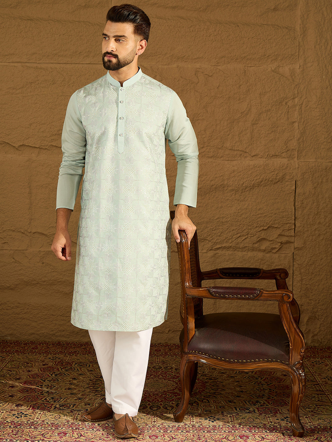 Men Blue Silk Blend Solid Embroidered Straight Kurta-MKU1468