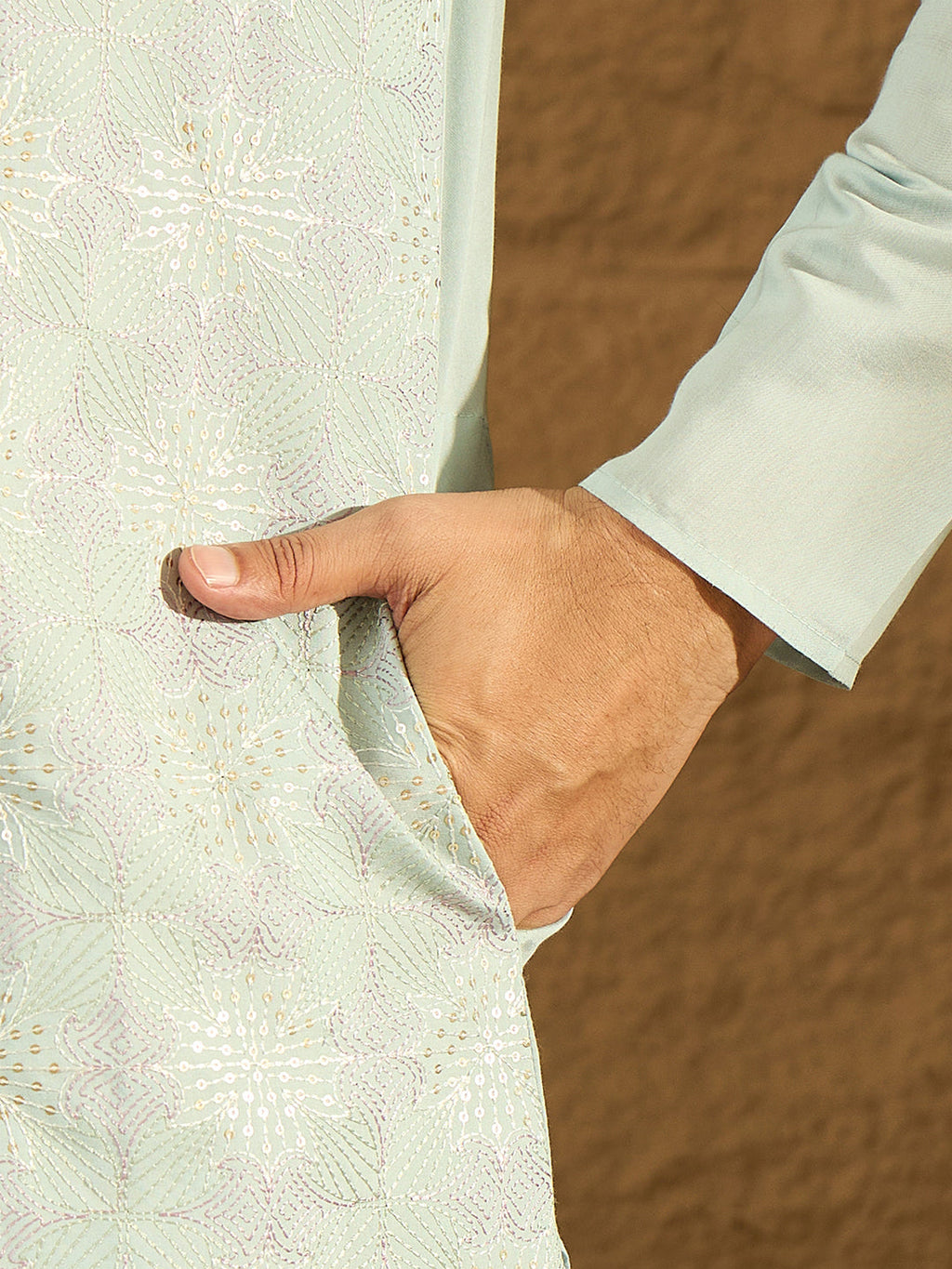 Men Blue Silk Blend Solid Embroidered Straight Kurta-MKU1468
