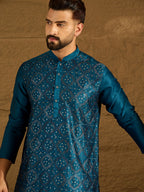 Men Blue Silk Blend Solid Embroidered Straight Kurta-MKU1469