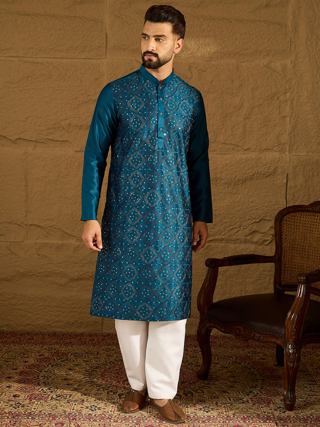 Men Blue Silk Blend Solid Embroidered Straight Kurta-MKU1469