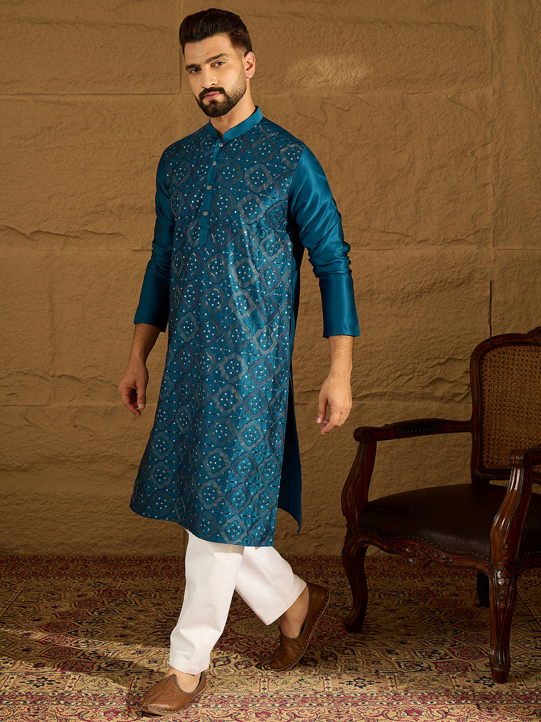 Men Blue Silk Blend Solid Embroidered Straight Kurta-MKU1469