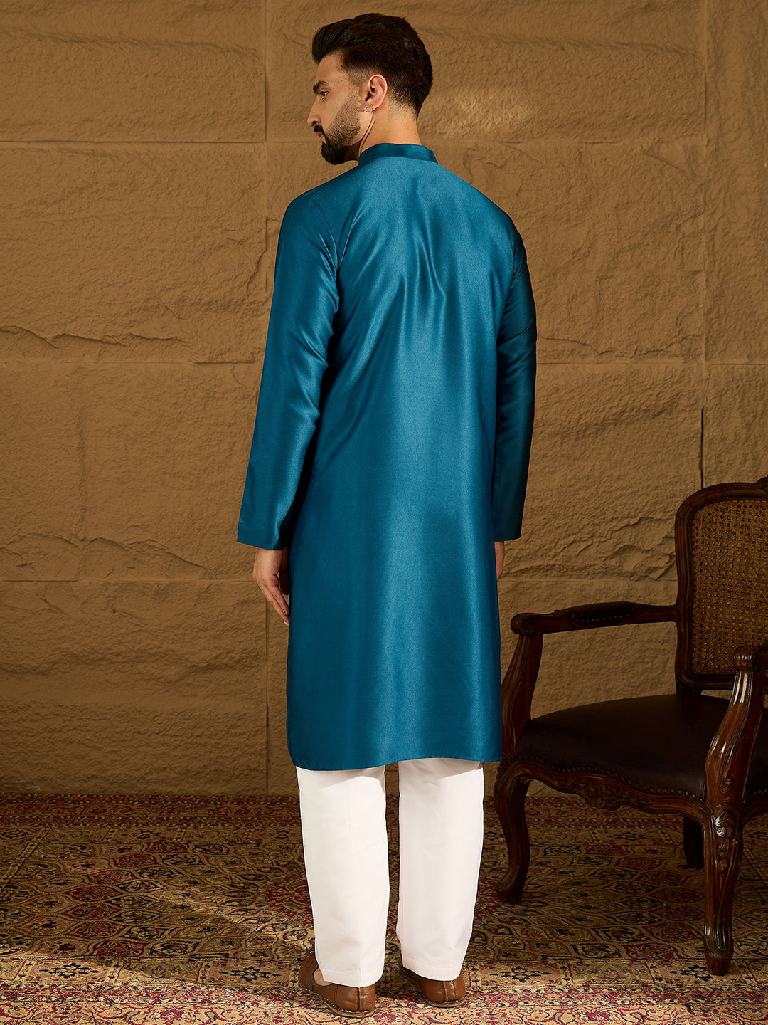 Men Blue Silk Blend Solid Embroidered Straight Kurta-MKU1469