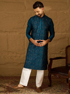 Men Blue Silk Blend Solid Embroidered Straight Kurta-MKU1469