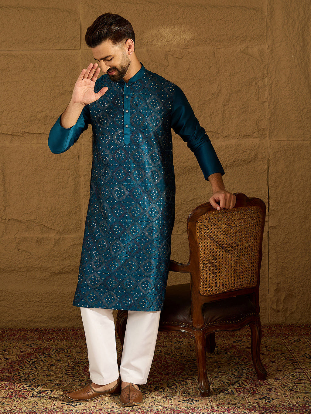 Men Blue Silk Blend Solid Embroidered Straight Kurta-MKU1469