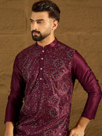 Men Purple Silk Blend Solid Embroidered Straight Kurta-MKU1470