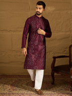 Men Purple Silk Blend Solid Embroidered Straight Kurta-MKU1470
