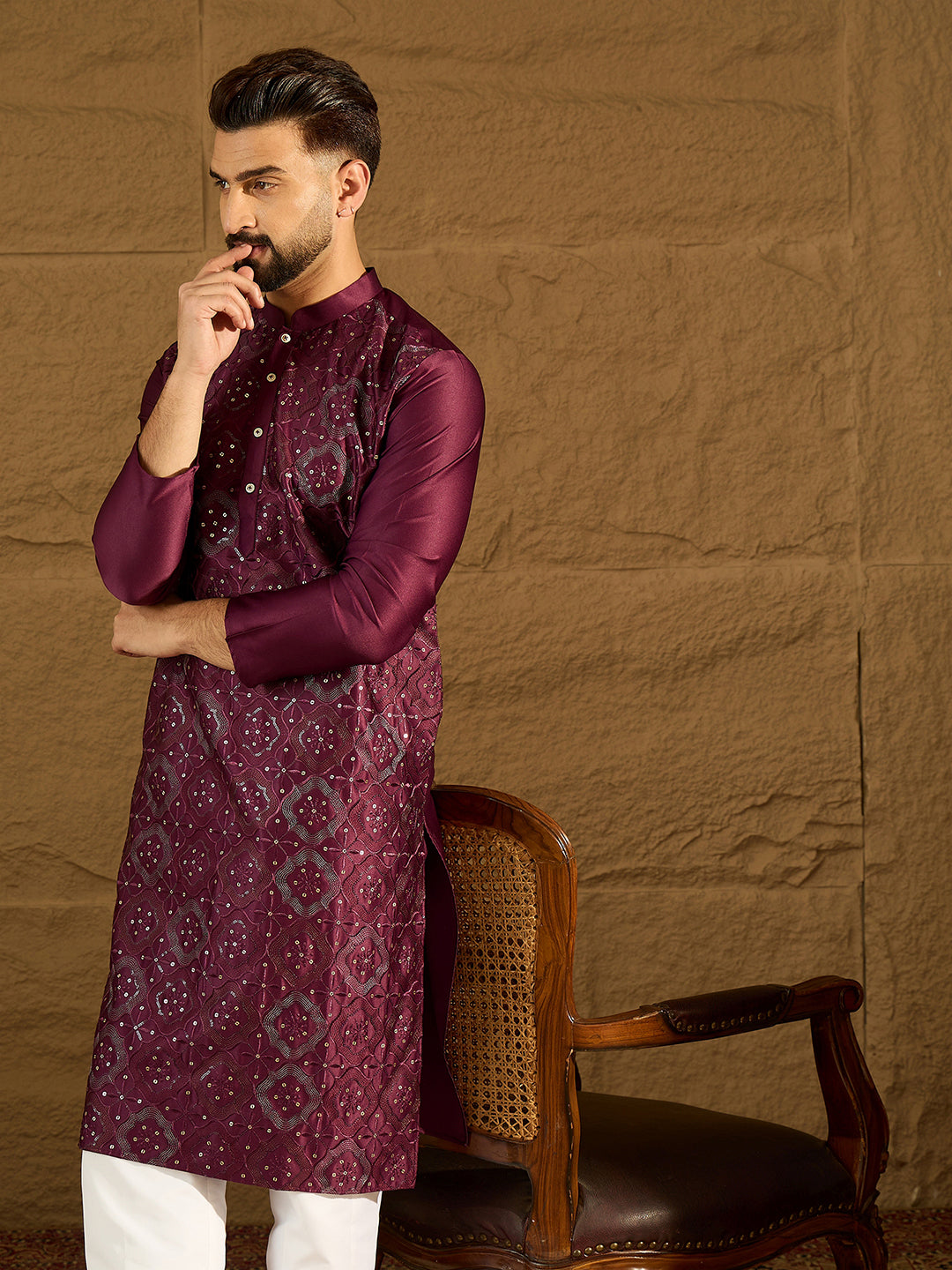 Men Purple Silk Blend Solid Embroidered Straight Kurta-MKU1470