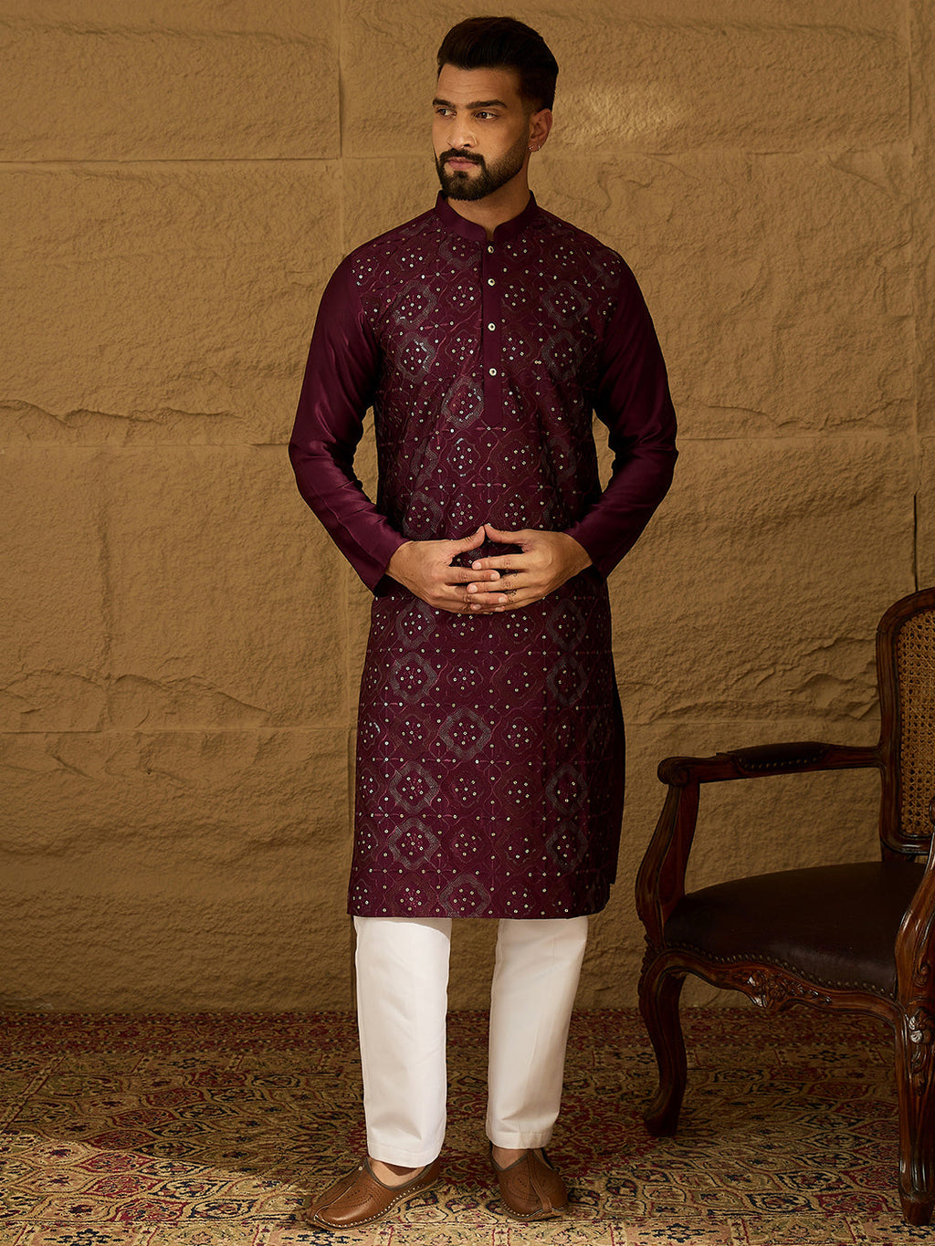 Men Purple Silk Blend Solid Embroidered Straight Kurta-MKU1470
