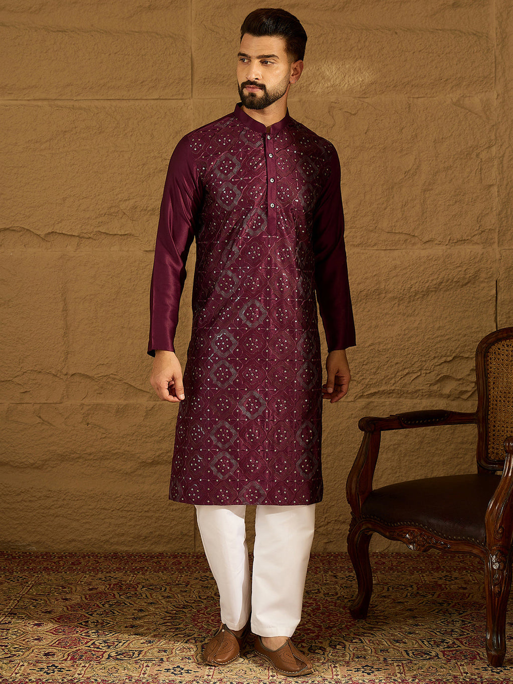 Men Purple Silk Blend Solid Embroidered Straight Kurta-MKU1470