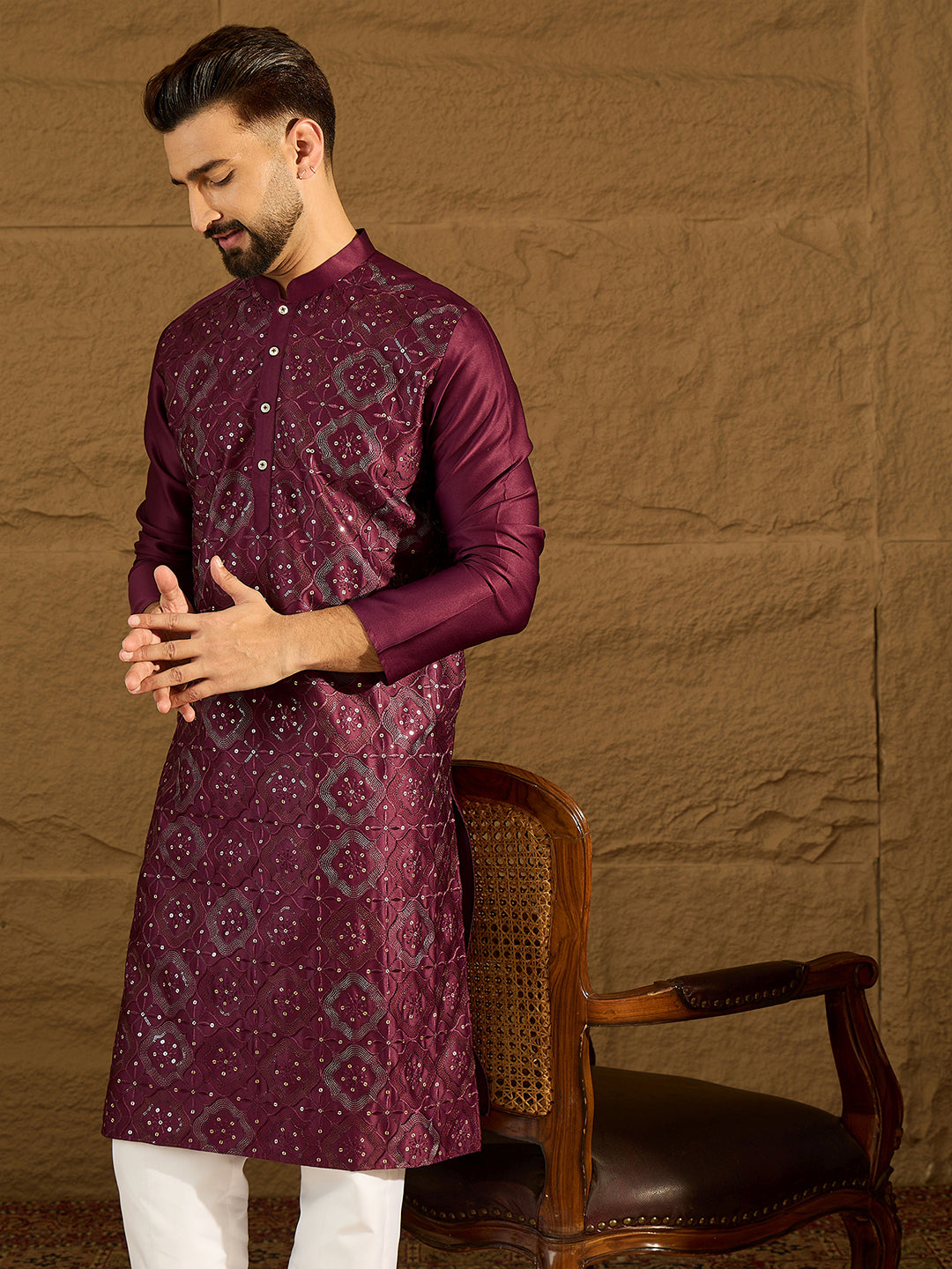 Men Purple Silk Blend Solid Embroidered Straight Kurta-MKU1470
