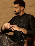 Men Black Silk Blend Solid Embroidered Straight Kurta-MKU1471