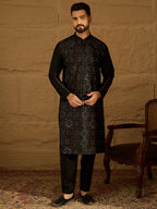 Men Black Silk Blend Solid Embroidered Straight Kurta-MKU1471