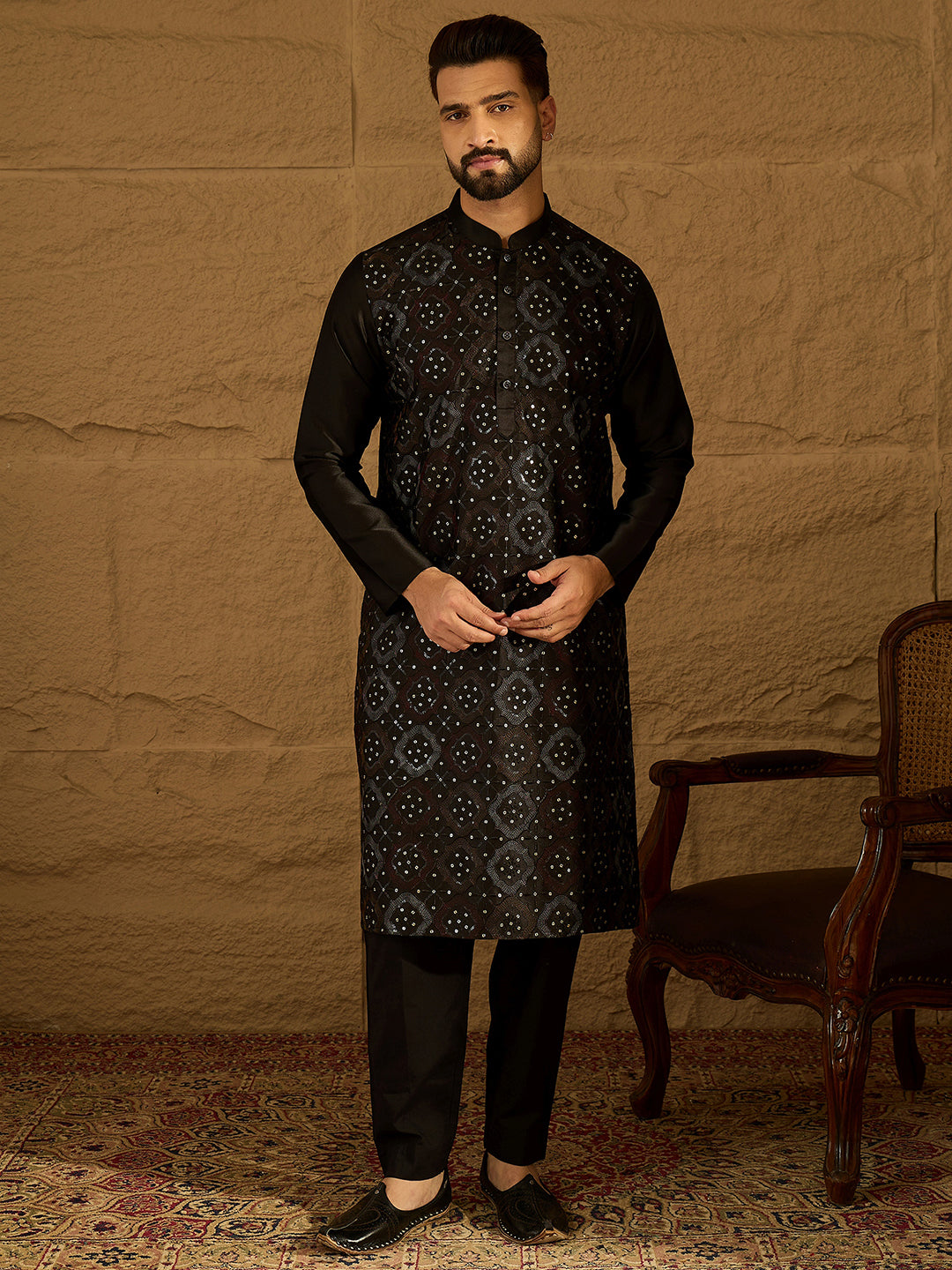 Men Black Silk Blend Solid Embroidered Straight Kurta-MKU1471