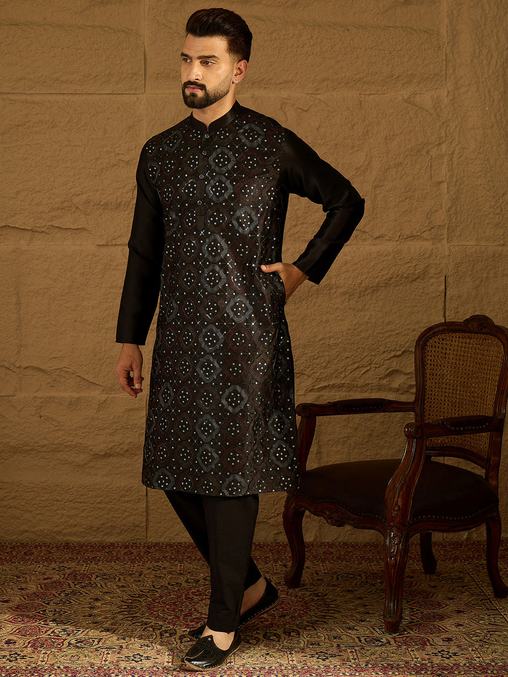 Men Black Silk Blend Solid Embroidered Straight Kurta-MKU1471