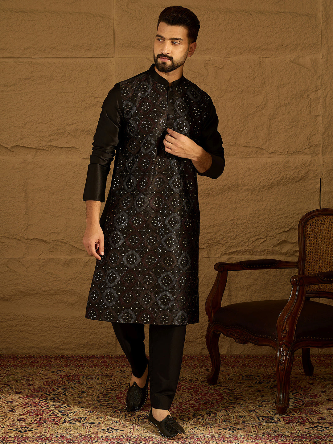 Men Black Silk Blend Solid Embroidered Straight Kurta-MKU1471