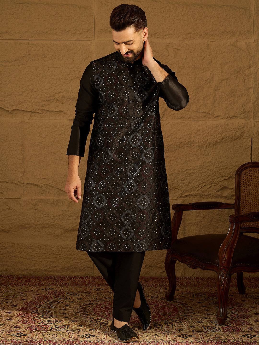 Men Black Silk Blend Solid Embroidered Straight Kurta-MKU1471