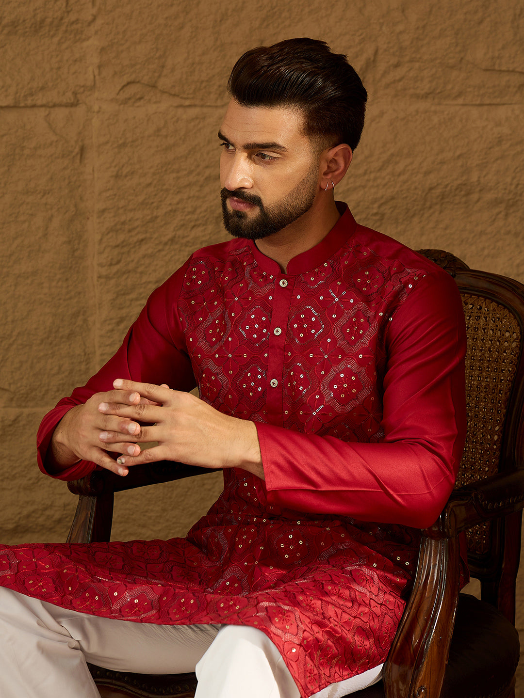 Men Maroon Silk Blend Solid Embroidered Straight Kurta-MKU1472