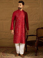 Men Maroon Silk Blend Solid Embroidered Straight Kurta-MKU1472