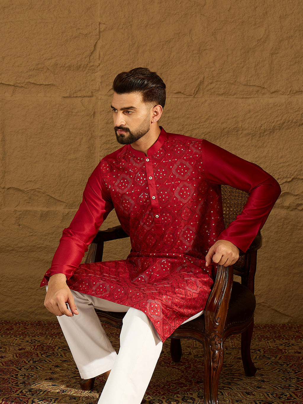Men Maroon Silk Blend Solid Embroidered Straight Kurta-MKU1472