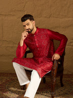 Men Maroon Silk Blend Solid Embroidered Straight Kurta-MKU1472