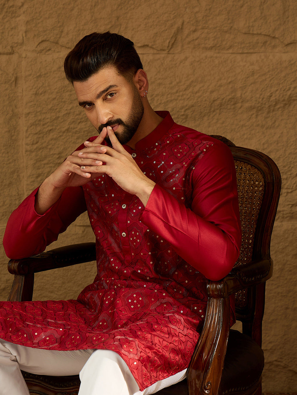 Men Maroon Silk Blend Solid Embroidered Straight Kurta-MKU1472