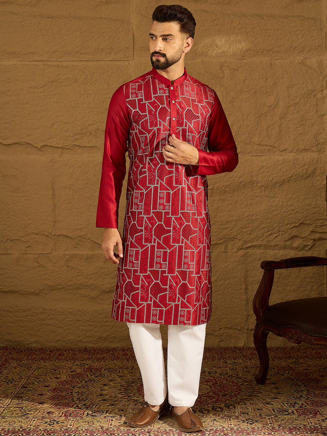 Men Maroon Silk Blend Solid Embroidered Straight Kurta-MKU1473