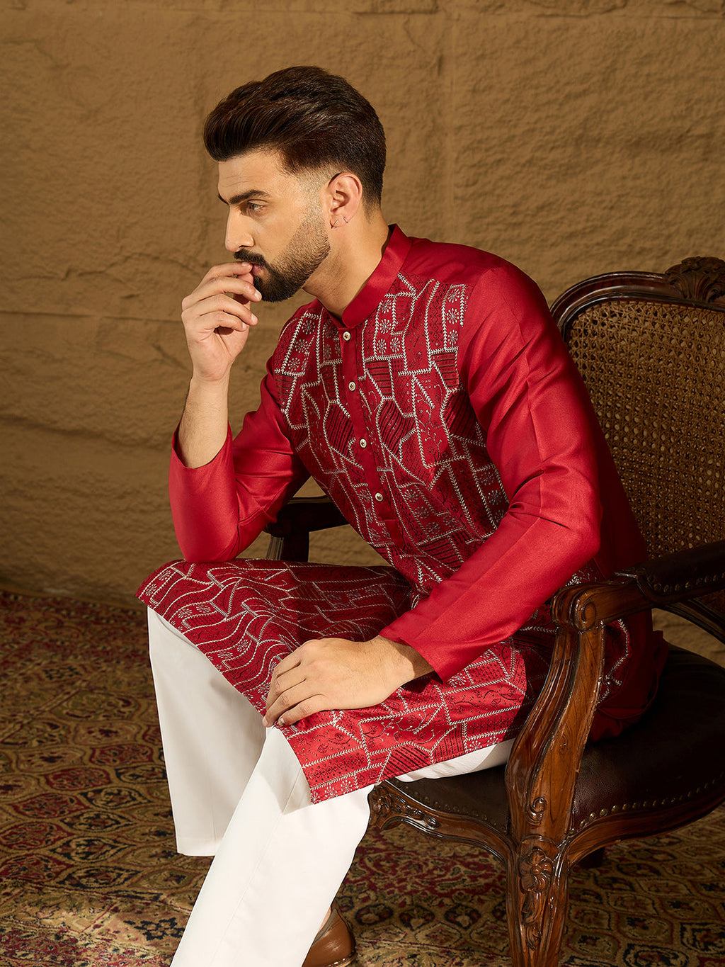 Men Maroon Silk Blend Solid Embroidered Straight Kurta-MKU1473