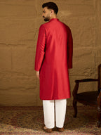 Men Maroon Silk Blend Solid Embroidered Straight Kurta-MKU1473