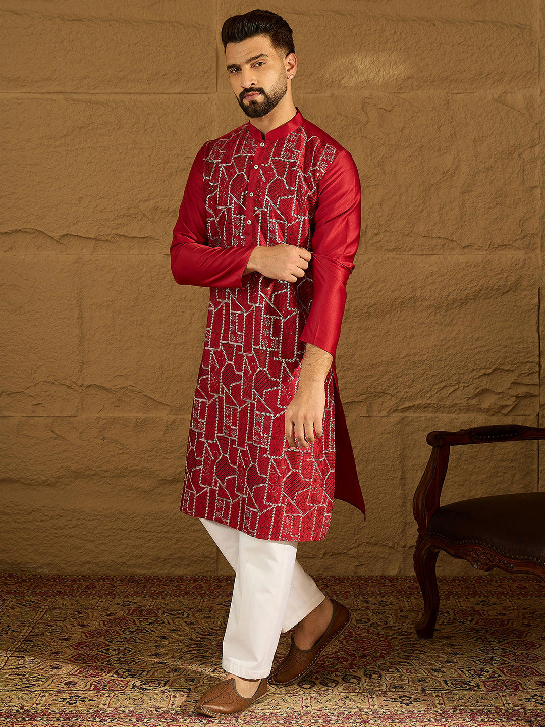 Men Maroon Silk Blend Solid Embroidered Straight Kurta-MKU1473