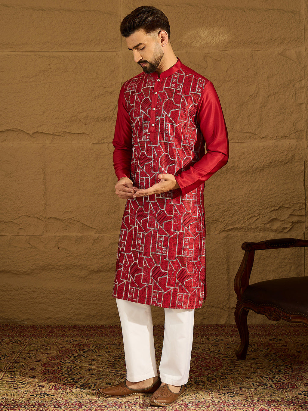 Men Maroon Silk Blend Solid Embroidered Straight Kurta-MKU1473
