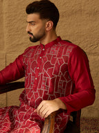 Men Maroon Silk Blend Solid Embroidered Straight Kurta-MKU1473