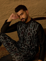 Men Black Silk Blend Solid Embroidered Straight Kurta-MKU1474